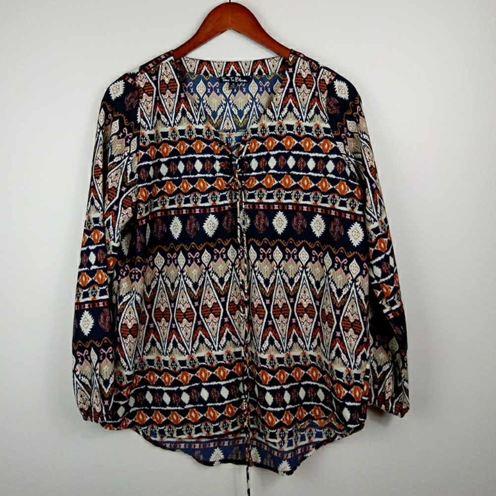 Navy blue/orange/tan print - lace up front boho
